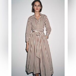 Zara Brown and White Striped Midi Shirt Dress